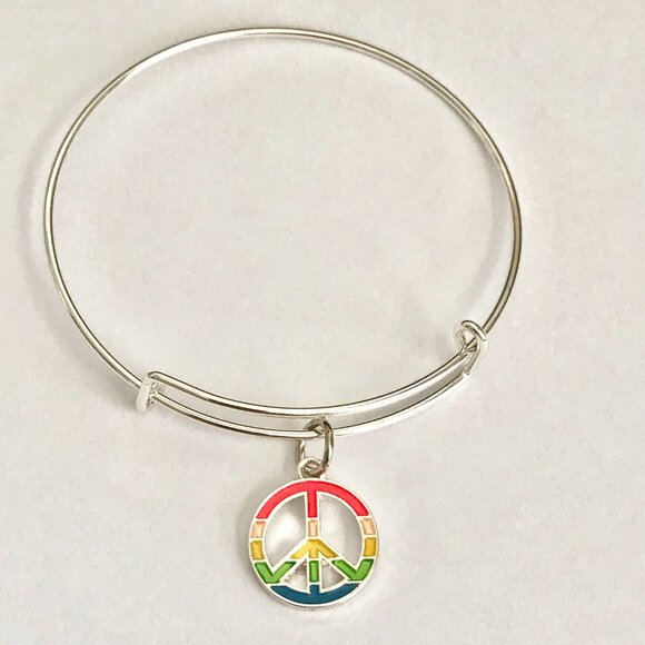 Peace Sign Charm Bracelet Silver Plated Adjustable Rainbow Hippie LGBT Retro - Picture 3 of 7